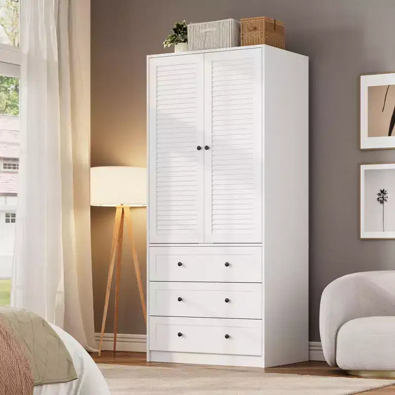 69.5 Tall White Armoire Wardrobe Closet w/ Drawers & Louvered Doors, Wooden Large Capacity Clothing Storage Cabinet & Hanging Rod for Bedroom