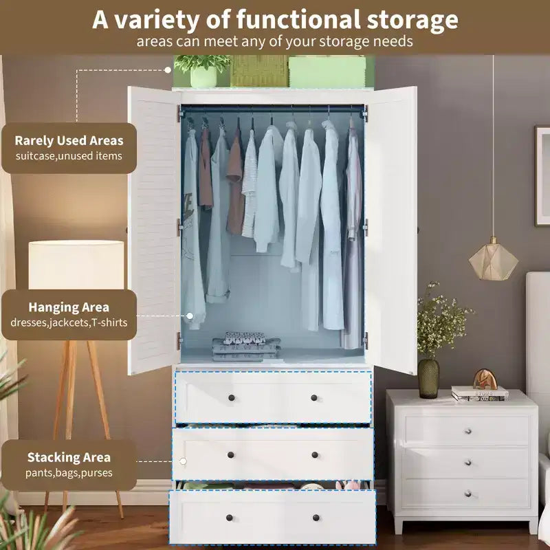 69.5 Tall White Armoire Wardrobe Closet w/ Drawers & Louvered Doors, Wooden Large Capacity Clothing Storage Cabinet & Hanging Rod for Bedroom