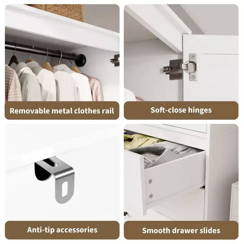 69.5 Tall White Armoire Wardrobe Closet w/ Drawers & Louvered Doors, Wooden Large Capacity Clothing Storage Cabinet & Hanging Rod for Bedroom