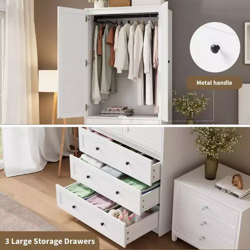 69.5 Tall White Armoire Wardrobe Closet w/ Drawers & Louvered Doors, Wooden Large Capacity Clothing Storage Cabinet & Hanging Rod for Bedroom