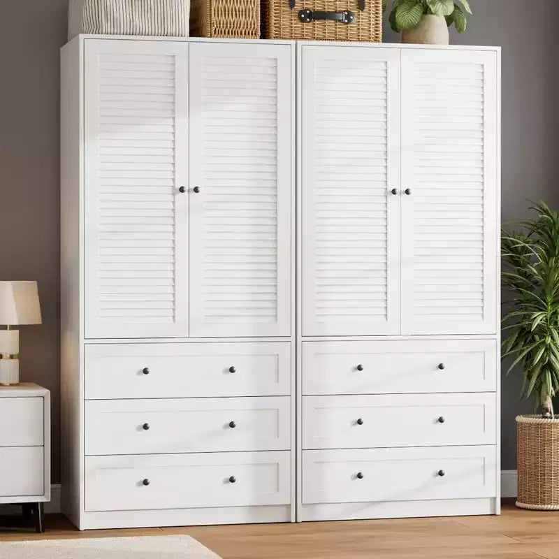 69.5 Tall White Armoire Wardrobe Closet w/ Drawers & Louvered Doors, Wooden Large Capacity Clothing Storage Cabinet & Hanging Rod for Bedroom
