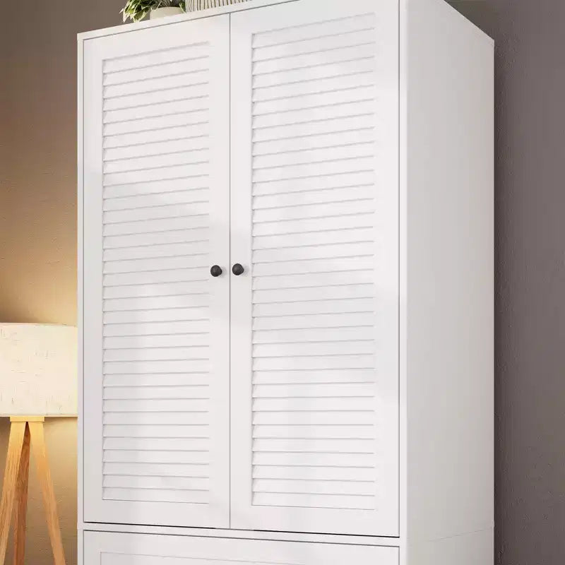 69.5 Tall White Armoire Wardrobe Closet w/ Drawers & Louvered Doors, Wooden Large Capacity Clothing Storage Cabinet & Hanging Rod for Bedroom