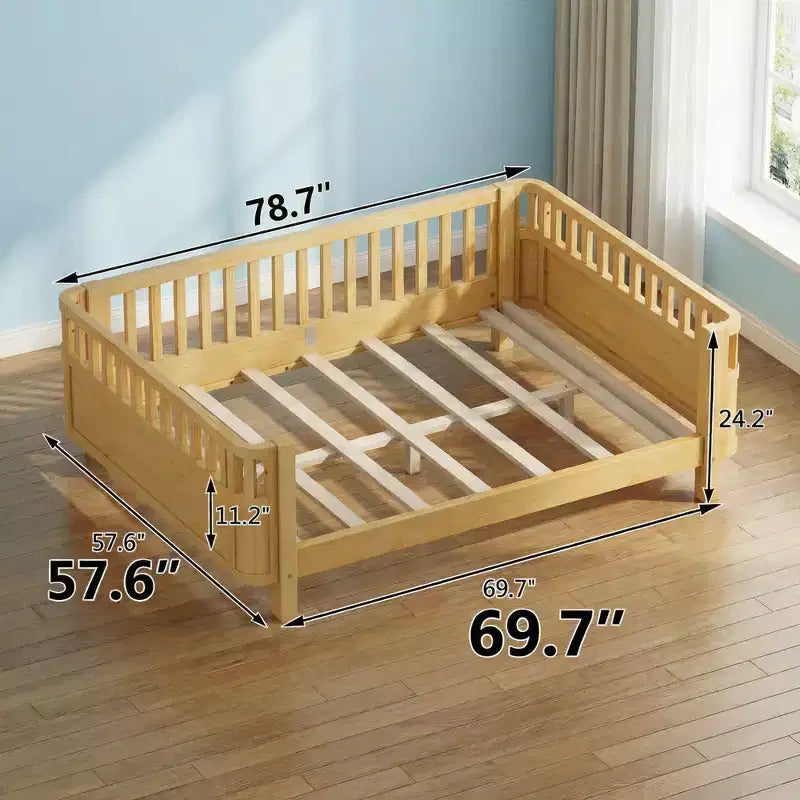 JVNOXK Full Size Wood Platform Bed for Kids, Wood Low Profile Full Bed with Rails for Girls and Boys, Natural