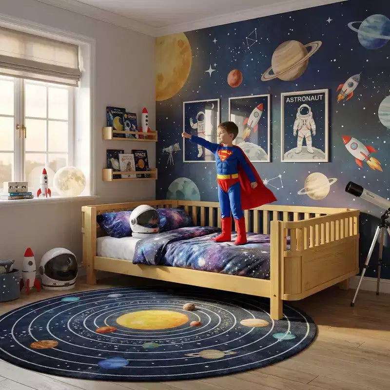 JVNOXK Full Size Wood Platform Bed for Kids, Wood Low Profile Full Bed with Rails for Girls and Boys, Natural