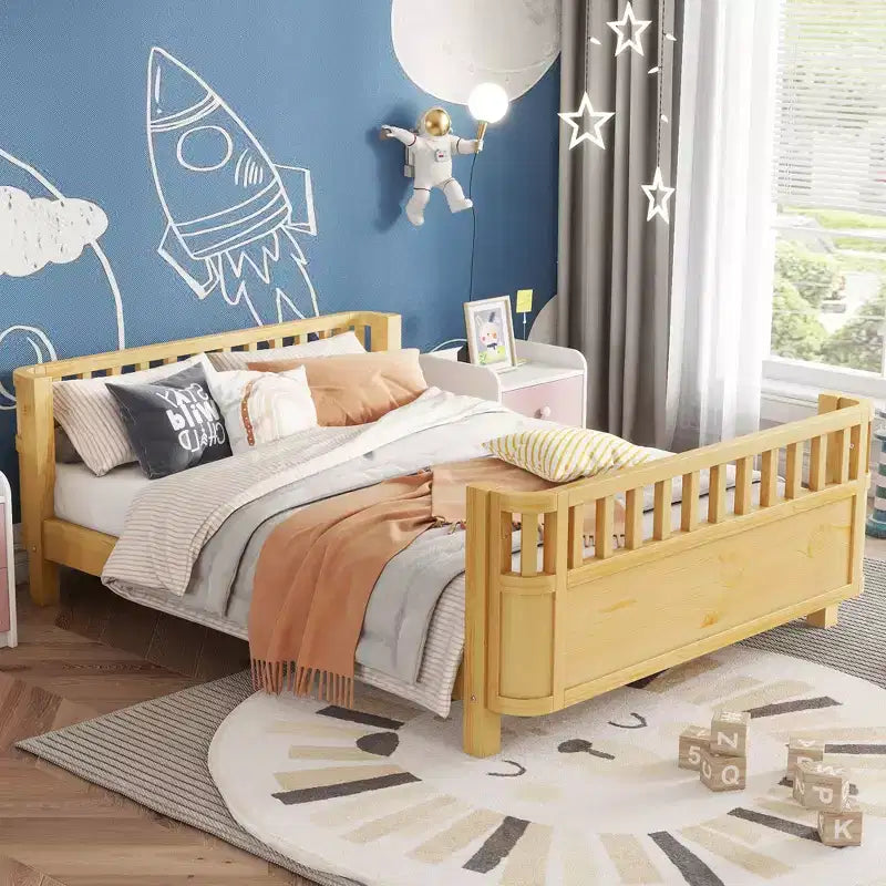 JVNOXK Full Size Wood Platform Bed for Kids, Wood Low Profile Full Bed with Rails for Girls and Boys, Natural