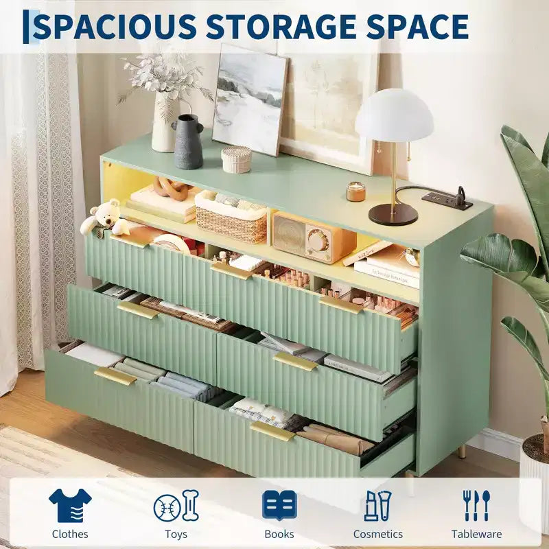54-Inch Wide Fluted 7 Drawer Dresser, Modern Chest of Drawers with LED Lights and Charging Station, Gold Handles, Open Shelf Storage