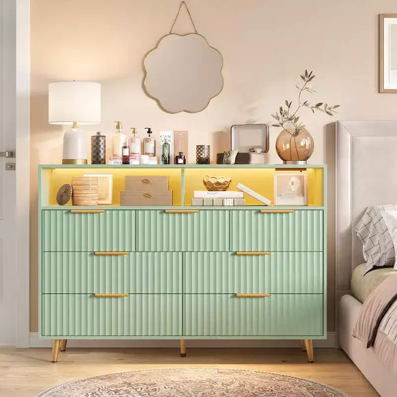 54-Inch Wide Fluted 7 Drawer Dresser, Modern Chest of Drawers with LED Lights and Charging Station, Gold Handles, Open Shelf Storage