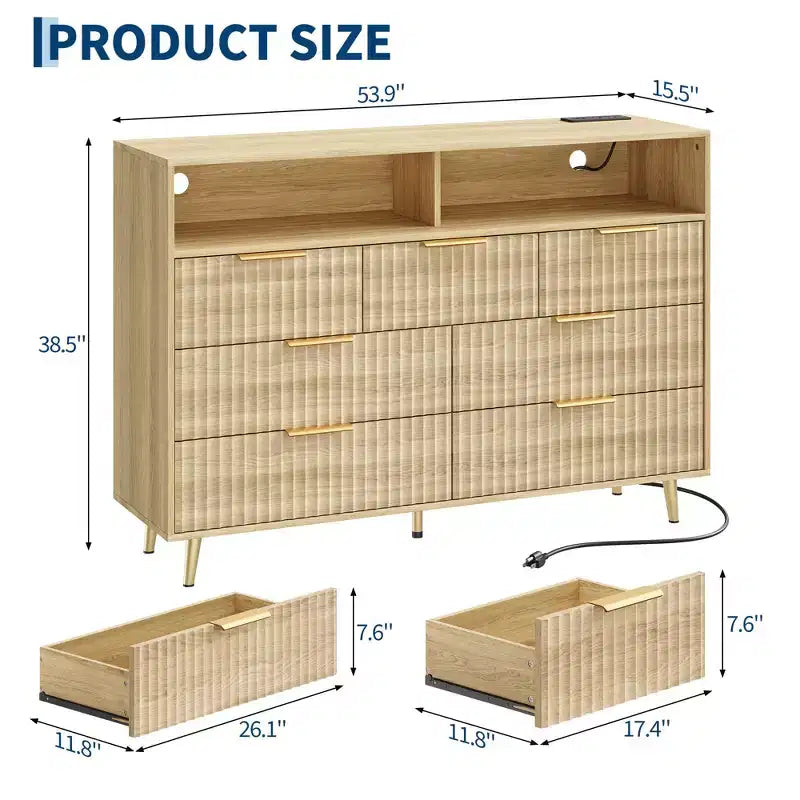 54-Inch Wide Fluted 7 Drawer Dresser, Modern Chest of Drawers with LED Lights and Charging Station, Gold Handles, Open Shelf Storage