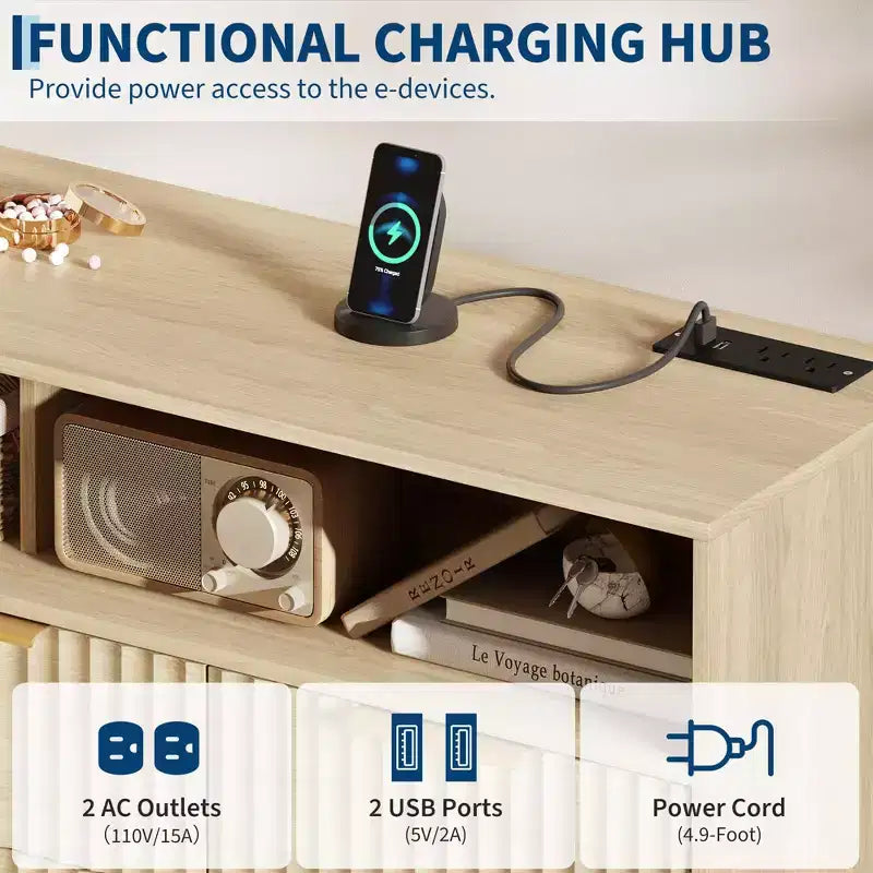 54-Inch Wide Fluted 7 Drawer Dresser, Modern Chest of Drawers with LED Lights and Charging Station, Gold Handles, Open Shelf Storage