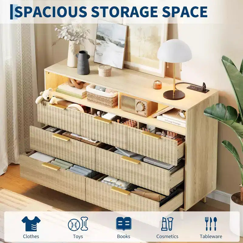 54-Inch Wide Fluted 7 Drawer Dresser, Modern Chest of Drawers with LED Lights and Charging Station, Gold Handles, Open Shelf Storage