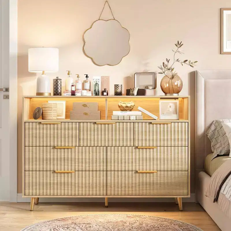 54-Inch Wide Fluted 7 Drawer Dresser, Modern Chest of Drawers with LED Lights and Charging Station, Gold Handles, Open Shelf Storage