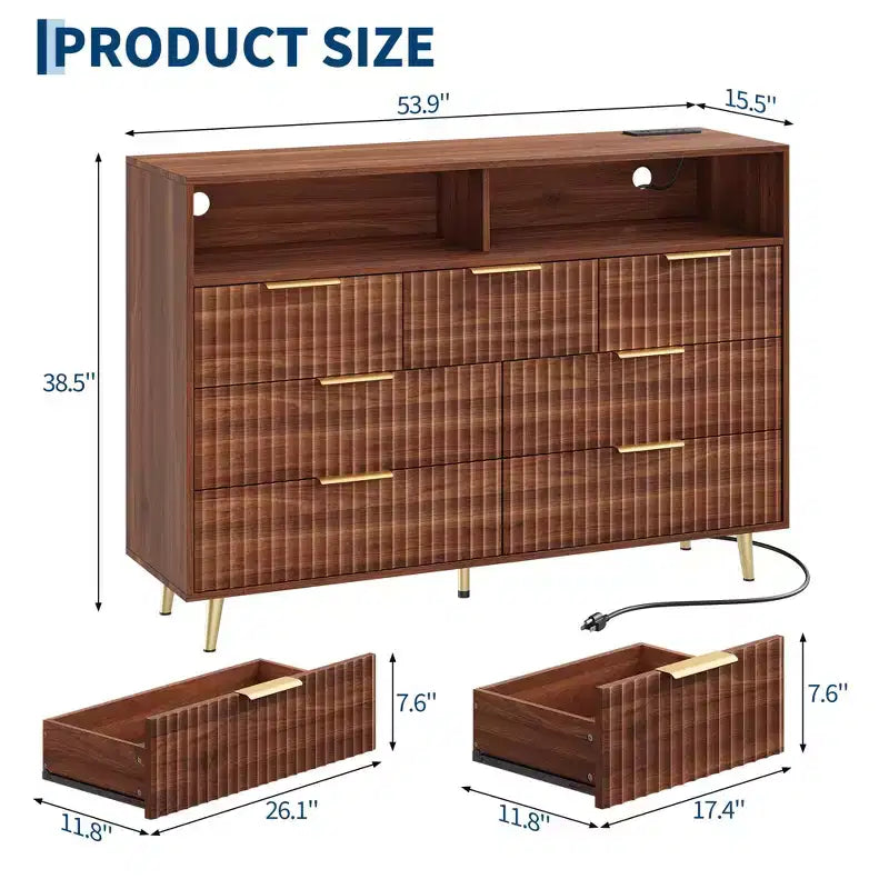 54-Inch Wide Fluted 7 Drawer Dresser, Modern Chest of Drawers with LED Lights and Charging Station, Gold Handles, Open Shelf Storage