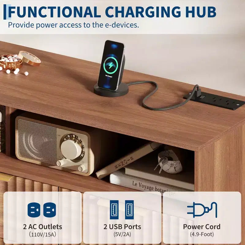 54-Inch Wide Fluted 7 Drawer Dresser, Modern Chest of Drawers with LED Lights and Charging Station, Gold Handles, Open Shelf Storage