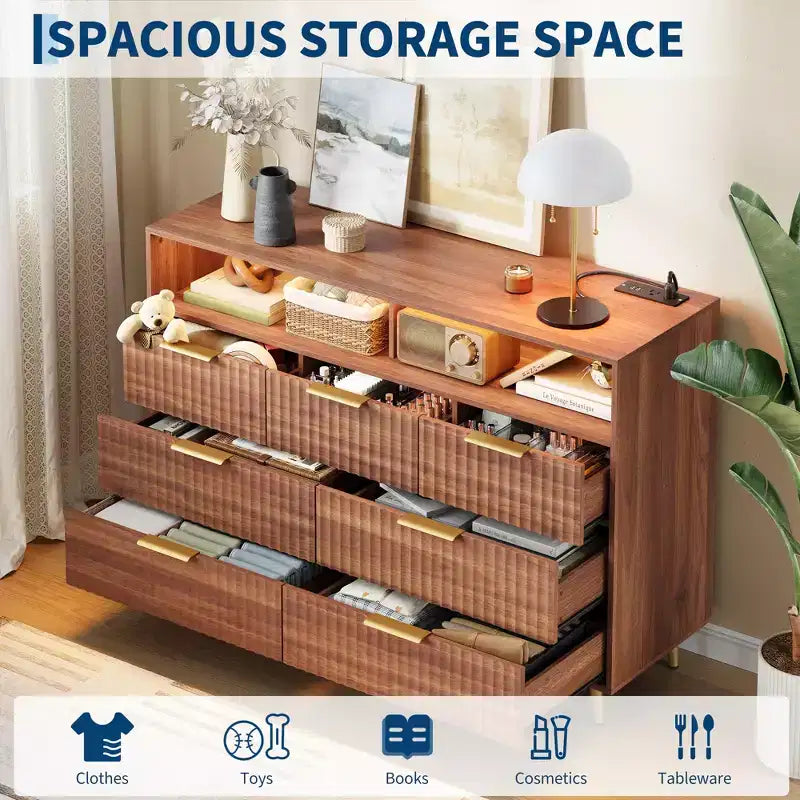 54-Inch Wide Fluted 7 Drawer Dresser, Modern Chest of Drawers with LED Lights and Charging Station, Gold Handles, Open Shelf Storage