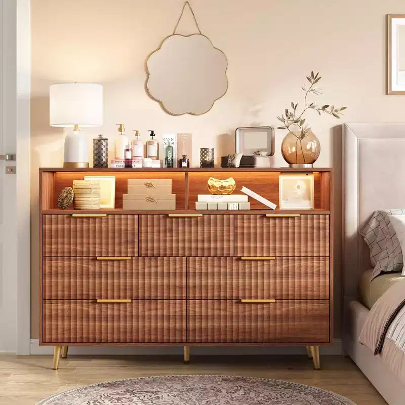 54-Inch Wide Fluted 7 Drawer Dresser, Modern Chest of Drawers with LED Lights and Charging Station, Gold Handles, Open Shelf Storage