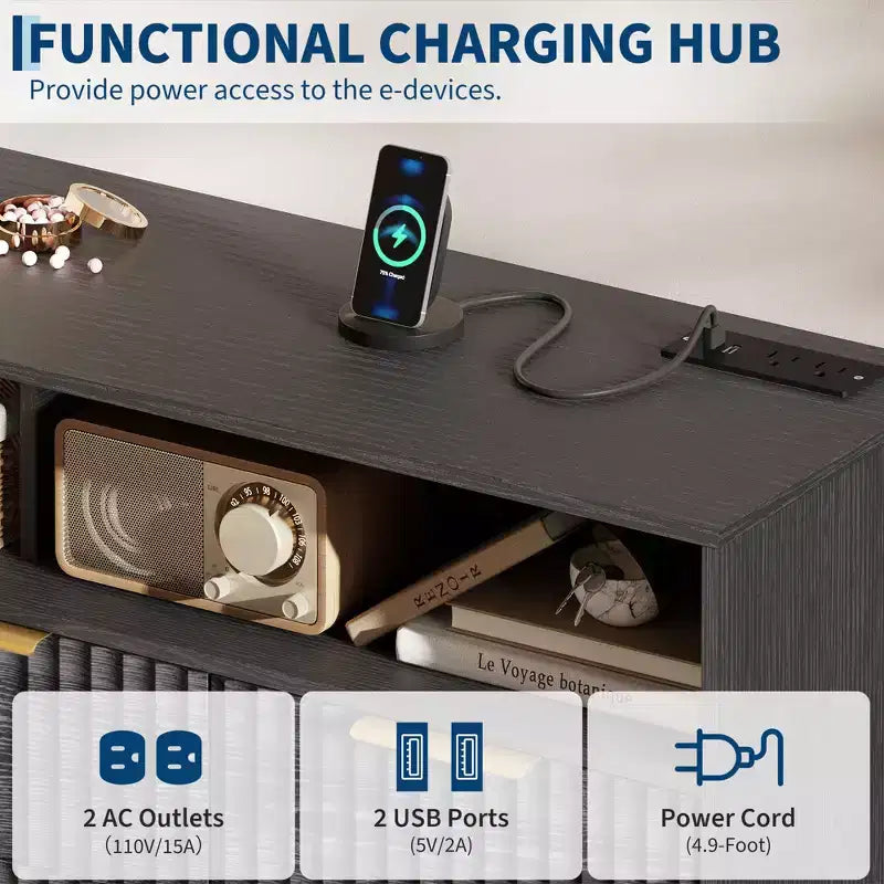 54-Inch Wide Fluted 7 Drawer Dresser, Modern Chest of Drawers with LED Lights and Charging Station, Gold Handles, Open Shelf Storage
