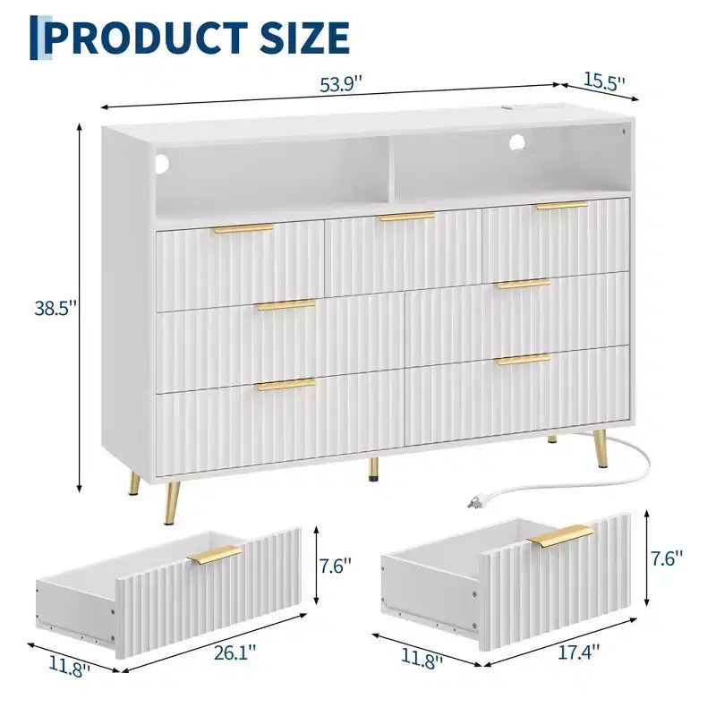 54-Inch Wide Fluted 7 Drawer Dresser, Modern Chest of Drawers with LED Lights and Charging Station, Gold Handles, Open Shelf Storage