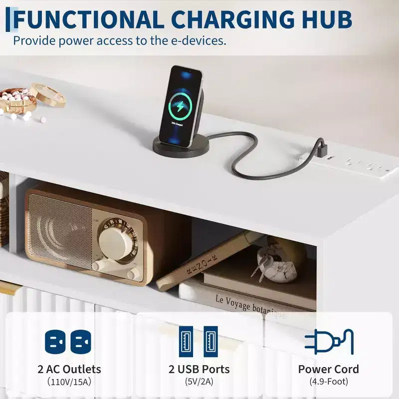 54-Inch Wide Fluted 7 Drawer Dresser, Modern Chest of Drawers with LED Lights and Charging Station, Gold Handles, Open Shelf Storage