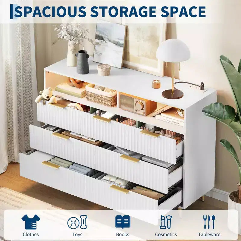 54-Inch Wide Fluted 7 Drawer Dresser, Modern Chest of Drawers with LED Lights and Charging Station, Gold Handles, Open Shelf Storage