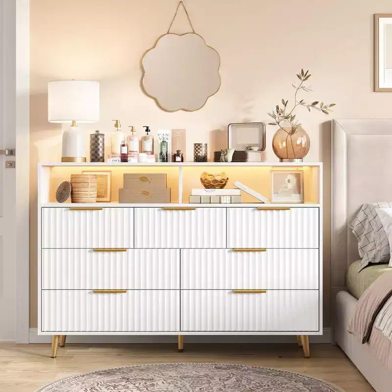 54-Inch Wide Fluted 7 Drawer Dresser, Modern Chest of Drawers with LED Lights and Charging Station, Gold Handles, Open Shelf Storage