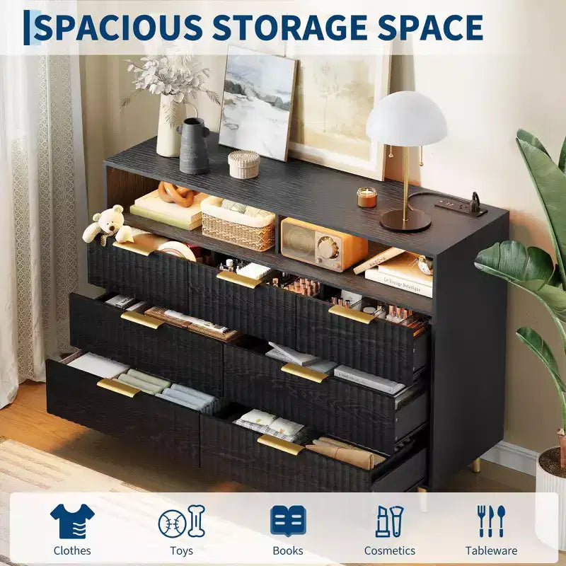 54-Inch Wide Fluted 7 Drawer Dresser, Modern Chest of Drawers with LED Lights and Charging Station, Gold Handles, Open Shelf Storage