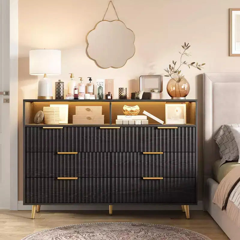 54-Inch Wide Fluted 7 Drawer Dresser, Modern Chest of Drawers with LED Lights and Charging Station, Gold Handles, Open Shelf Storage