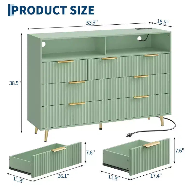 54-Inch Wide Fluted 7 Drawer Dresser, Modern Chest of Drawers with LED Lights and Charging Station, Gold Handles, Open Shelf Storage