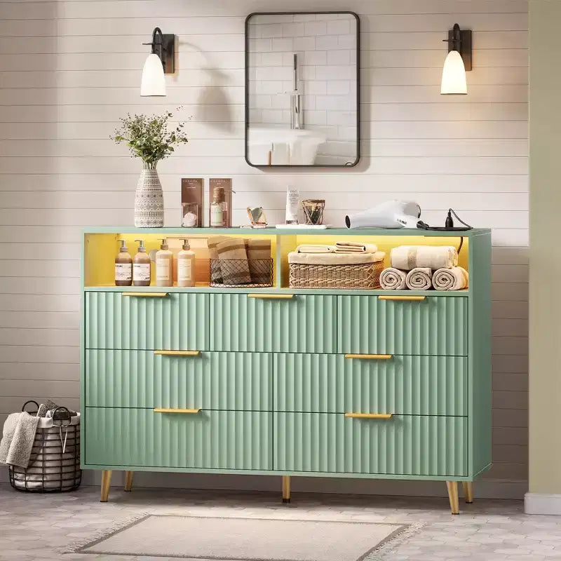 54-Inch Wide Fluted 7 Drawer Dresser, Modern Chest of Drawers with LED Lights and Charging Station, Gold Handles, Open Shelf Storage