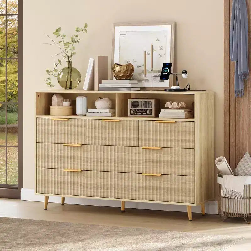 54-Inch Wide Fluted 7 Drawer Dresser, Modern Chest of Drawers with LED Lights and Charging Station, Gold Handles, Open Shelf Storage