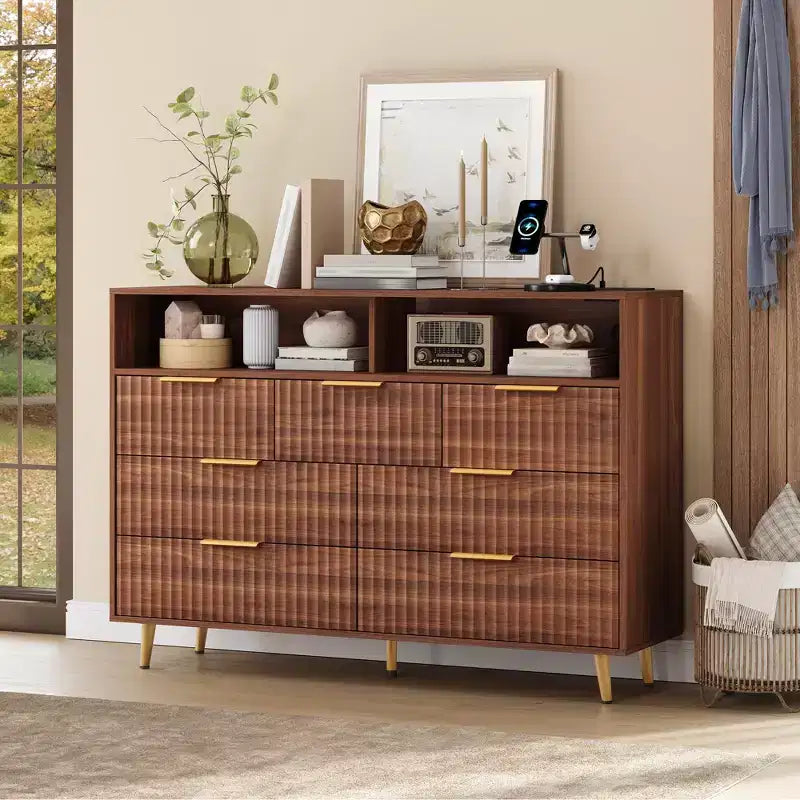 54-Inch Wide Fluted 7 Drawer Dresser, Modern Chest of Drawers with LED Lights and Charging Station, Gold Handles, Open Shelf Storage
