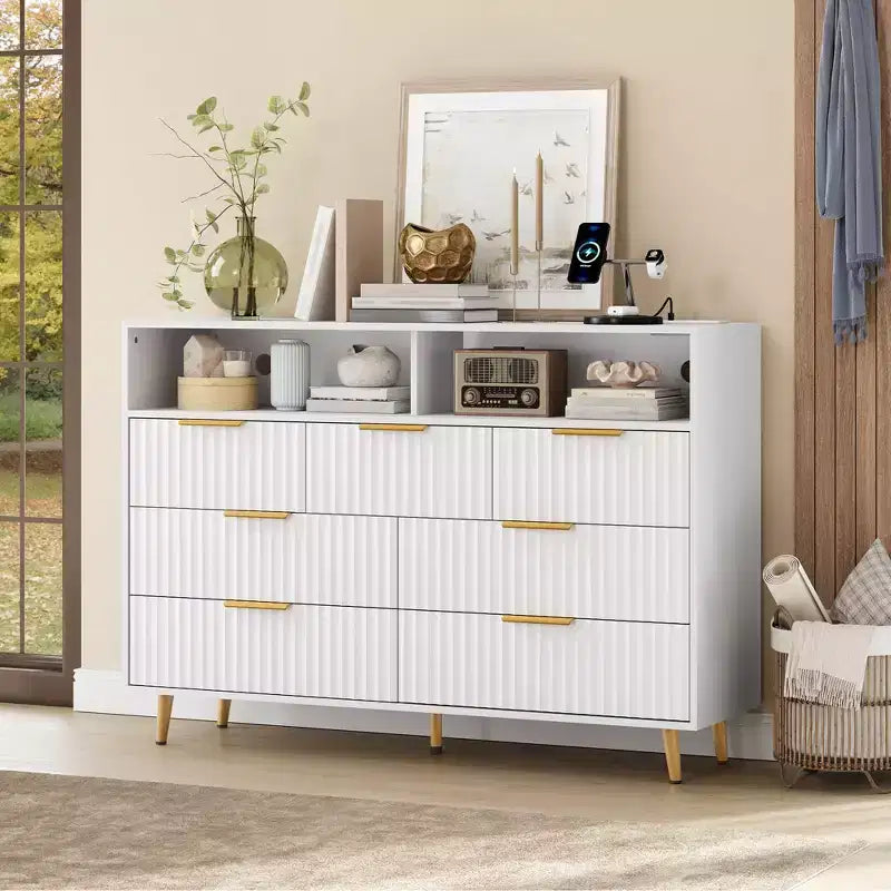54-Inch Wide Fluted 7 Drawer Dresser, Modern Chest of Drawers with LED Lights and Charging Station, Gold Handles, Open Shelf Storage