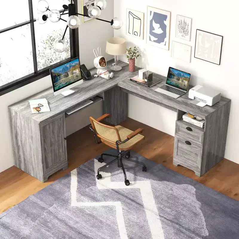Costway L-Shaped Corner Computer Desk Writing Table Study Workstation w/ Drawers Storage