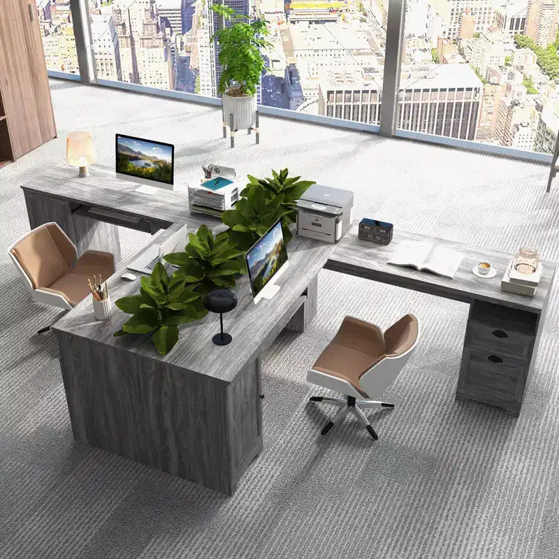 Costway L-Shaped Corner Computer Desk Writing Table Study Workstation w/ Drawers Storage