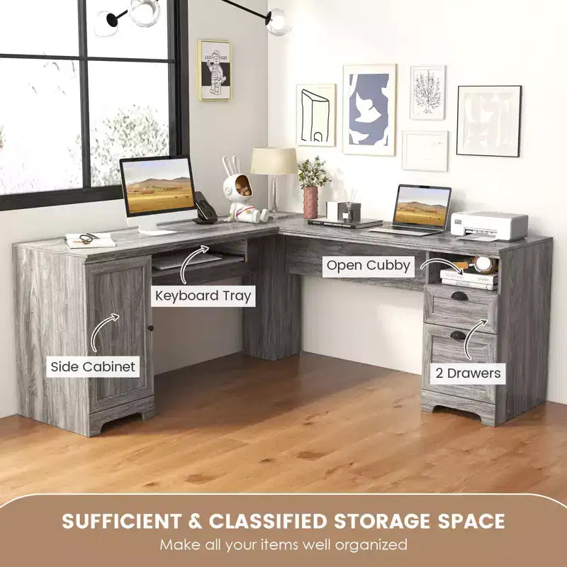Costway L-Shaped Corner Computer Desk Writing Table Study Workstation w/ Drawers Storage