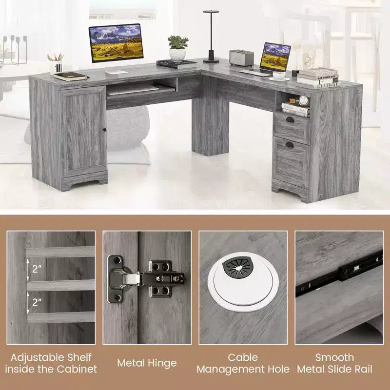Costway L-Shaped Corner Computer Desk Writing Table Study Workstation w/ Drawers Storage