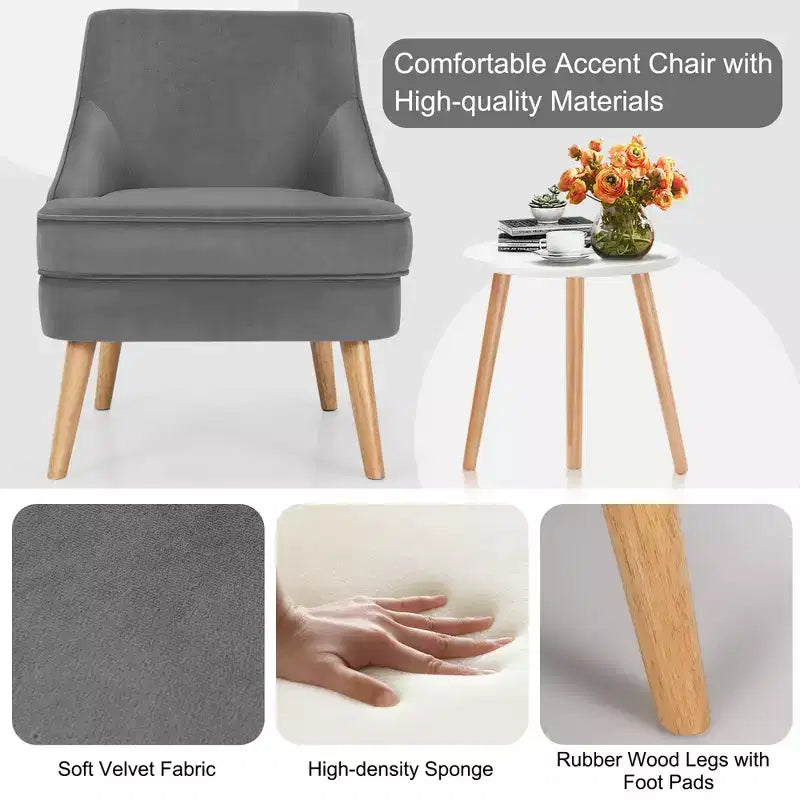 Costway Accent Chair Velvet Upholstered Single Sofa with Rubber Wood Legs Pink\Green\Grey