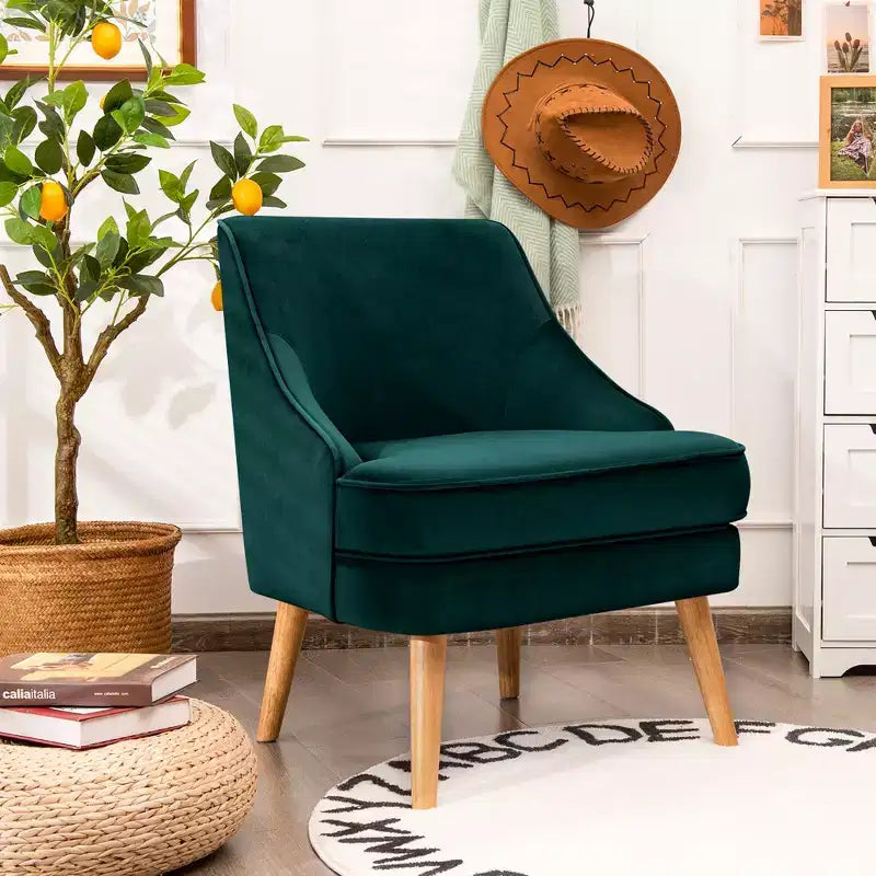 Costway Accent Chair Velvet Upholstered Single Sofa with Rubber Wood Legs Pink\Green\Grey