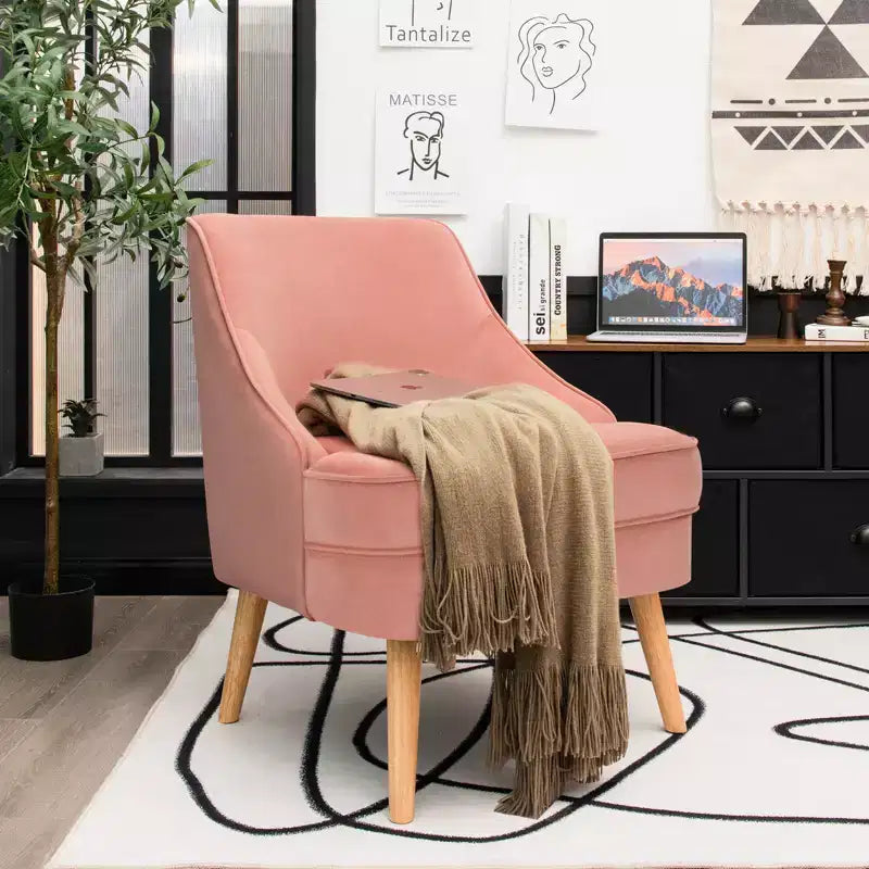 Costway Accent Chair Velvet Upholstered Single Sofa with Rubber Wood Legs Pink\Green\Grey