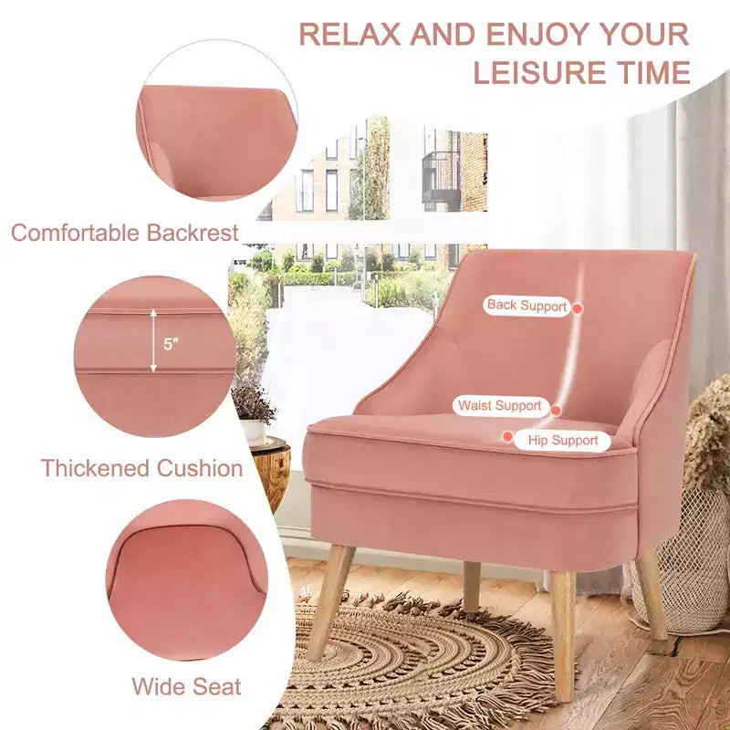 Costway Accent Chair Velvet Upholstered Single Sofa with Rubber Wood Legs Pink\Green\Grey