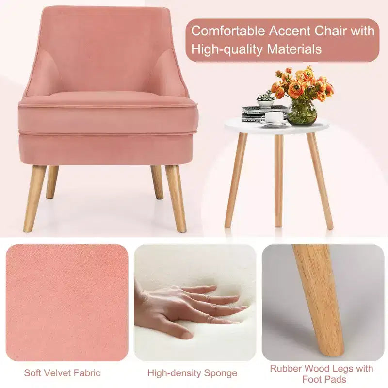 Costway Accent Chair Velvet Upholstered Single Sofa with Rubber Wood Legs Pink\Green\Grey