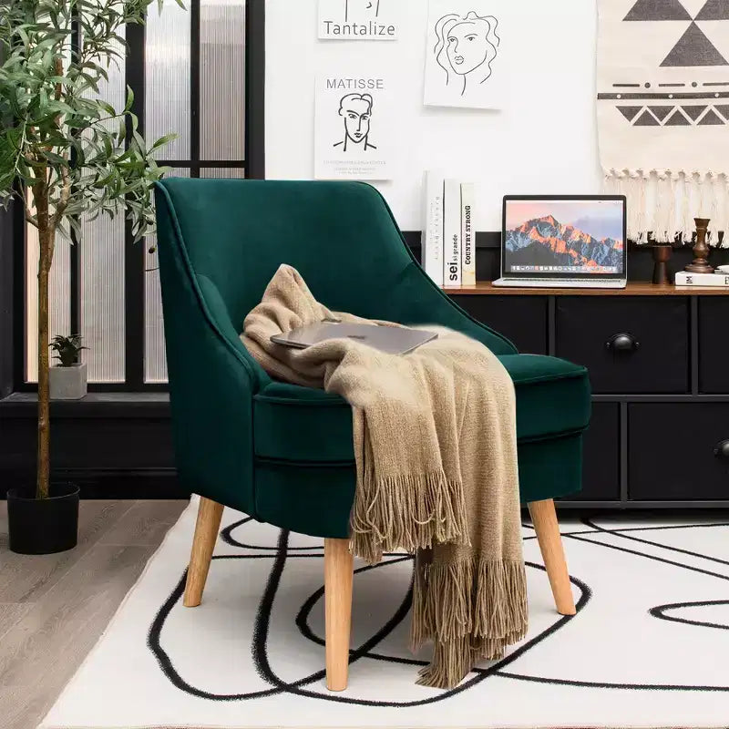Costway Accent Chair Velvet Upholstered Single Sofa with Rubber Wood Legs Pink\Green\Grey