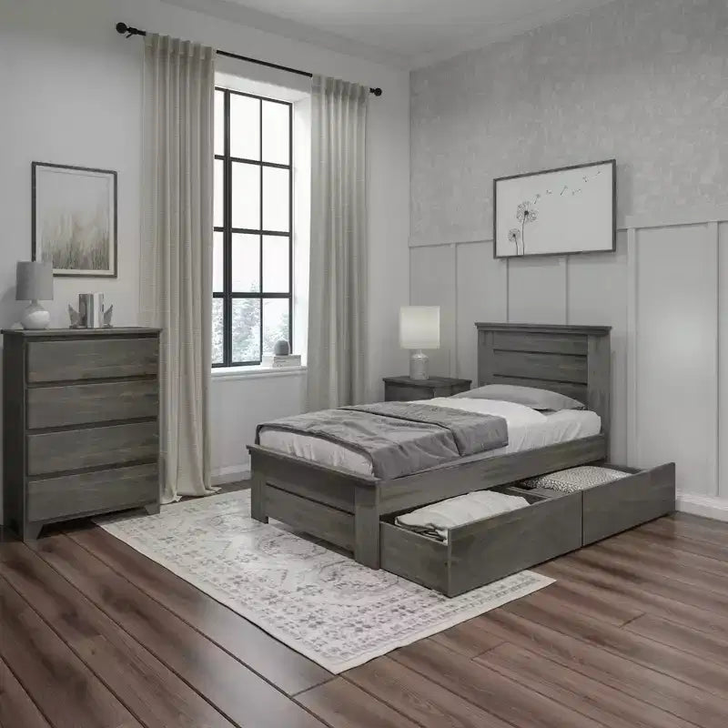 Max & Lily Twin Bed Frame with Storage Drawers, Solid Wood Platform Bed for Kids