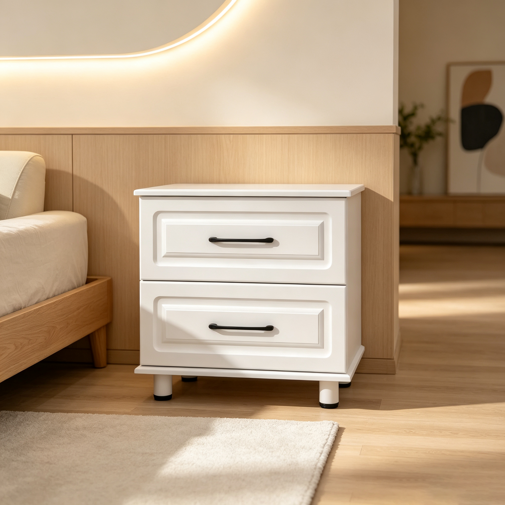 Table de Chevet Blanche Petite Commode Tiroirs Commode en Bois avec Poignées en Acier