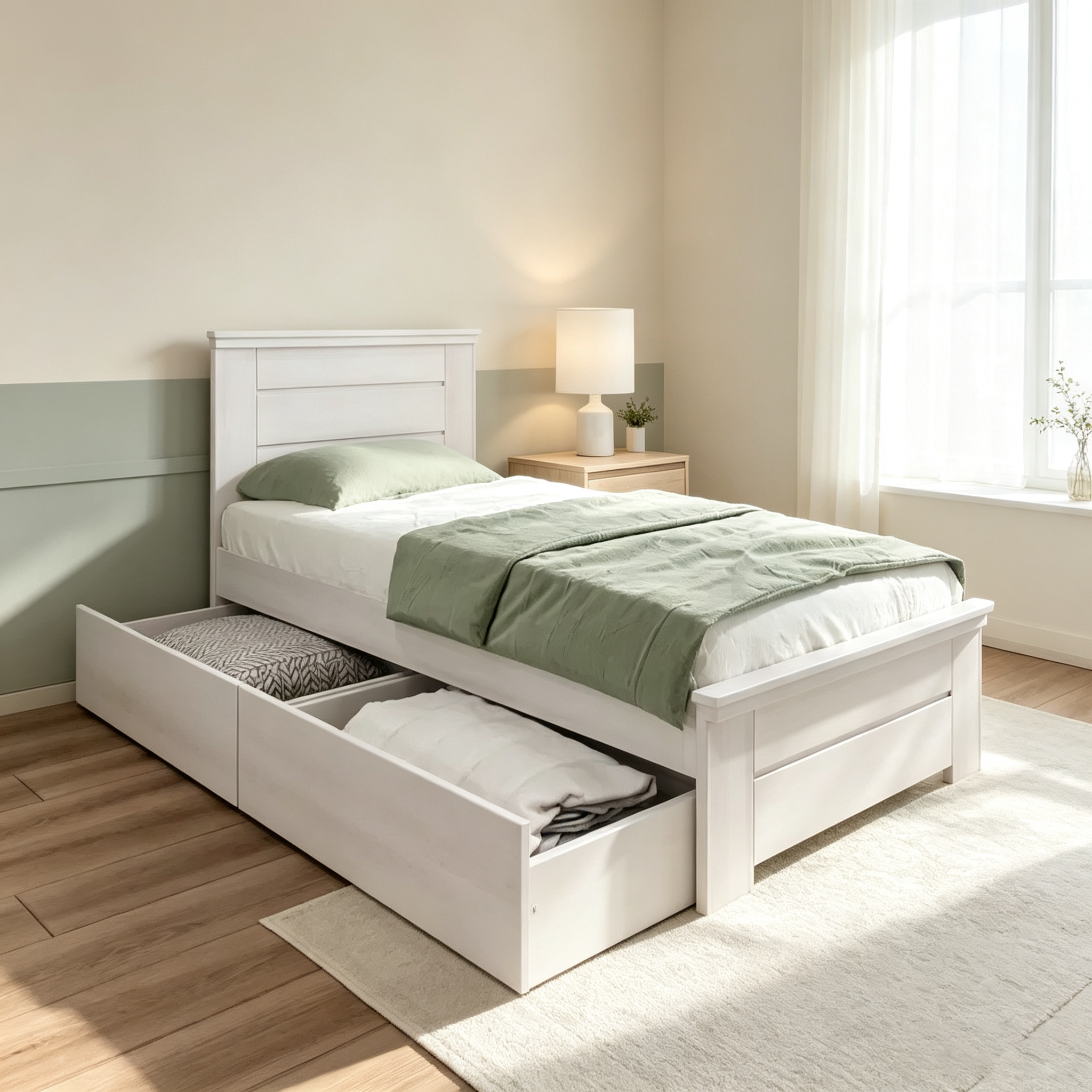Cadre de lit jumeau avec tiroirs de rangement, lit plateforme en bois massif pour enfants
